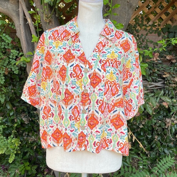 Short Sleeve Top Christian Siriano New York Button Up Crop Size Large - Picture 1 of 10